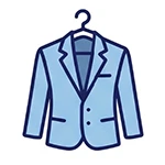 Illustration of a light blue suit jacket on a hanger, shown with a notched lapel and two buttons.