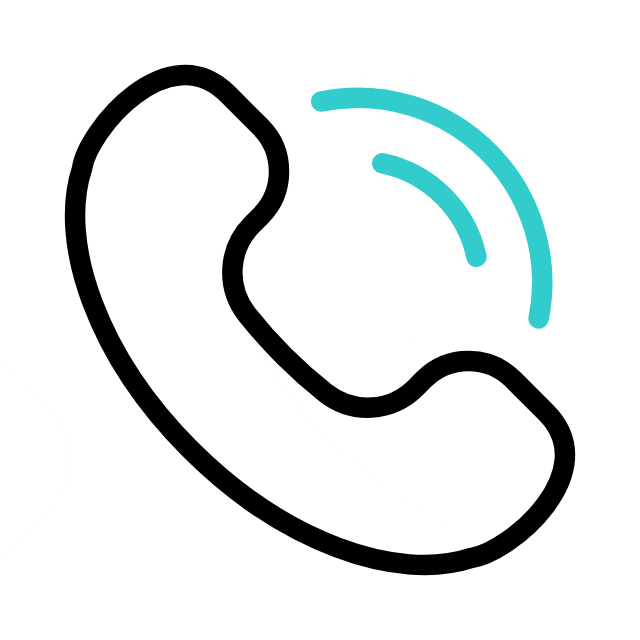 A black outline of a telephone handset with two curved blue lines indicating an incoming or outgoing call, on a white background.