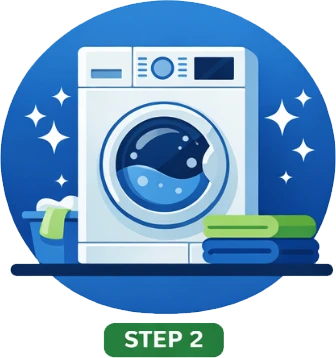 Front-loading washing machine with clean laundry and folded towels beside it, sparkles indicating cleanliness; label below reads "Step 2.